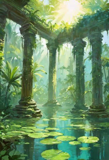 Ancient Pillars, Forgotten Places, Ocean Landscape, Ancient Forest, Forest Painting, Fantasy Places, Tropical Forest, Tropical Landscaping, Ancient Architecture