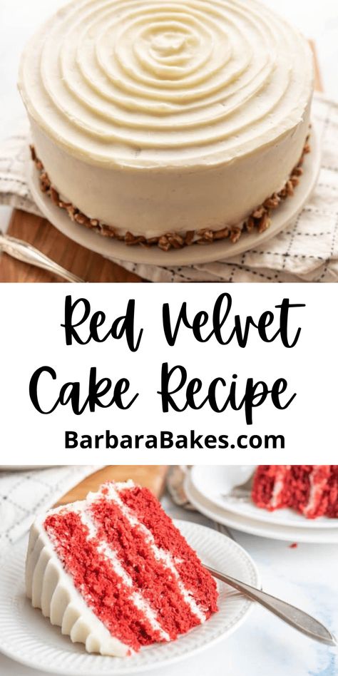 The classic Red Velvet Cake has always been a crowd pleaser for it’s beautiful color, taste and flavor. This cake is moist and delicious-perfect for any occasion. via @barbarabakes Easy Red Velvet Cake Recipe, Easy Red Velvet Cake, Easy Red Velvet, Red Velvet Cake Recipe, Velvet Cake Recipes, Homemade Pastries, Popular Desserts, Red Velvet Cake, Velvet Cake