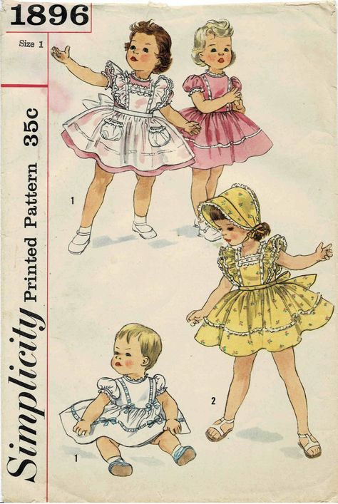 1950's Simplicity 1896 Vintage Sewing Pattern - Toddler's Dress, Pinafore and Bonnet: V. 1 and V. 2 pinafores have bib bodice with square neckline, double ruffles at side edges and insertion and gathered lace edging trim. Gathered skirt has tie ends. V. 1 dress has high round neckline, short gathered sleeves and full gathered skirt. Lace edging at skirt. Matching bonnet ties under chin is lace trimmed. Toddler Sun Dress, 1950s Sewing Patterns, Children's Dresses, Patron Vintage, Baby Rosa, Fabric Sewing Patterns, Vintage Toddler, Sewing Patterns Girls, Baby Sewing Patterns