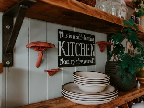 Mushroom Decor Kitchen, Mushroom Shelf, Kitchen Cottagecore, Cottagecore Design, Small Wall Shelf, Crystal Shelves, Terrarium Decor, Terrariums Kits, Cottagecore Decor