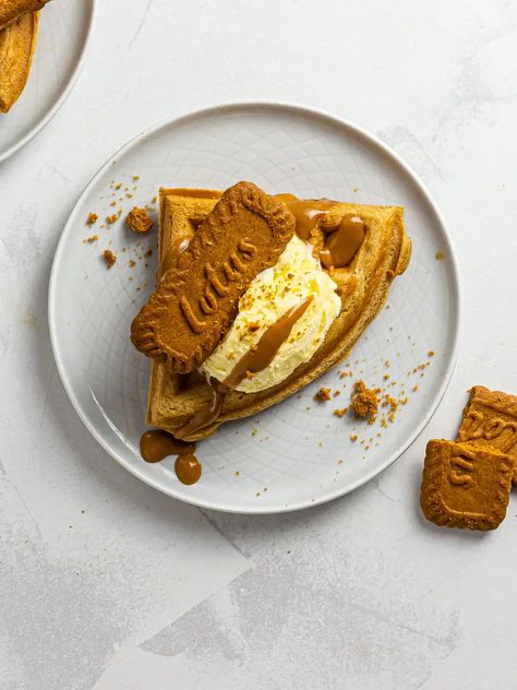 Lotus Biscoff Waffles (Vegan, 3 Ingredients) | Foodaciously Biscoff Waffles, Waffle Machine, Biscoff Cake, Salted Caramel Ice Cream, Lotus Biscoff, Crepes And Waffles, Waffle Cake, Cinnamon Flavor, Bakery Recipes