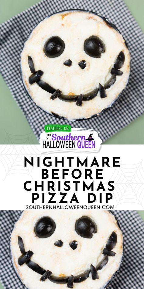 Pizza sauce, pepperoni, ricotta cheese and black olives make up this fun Nightmare Before Christmas Pizza Dip for Halloween or anytime of year! via @southernhalloweenqueen Nightmare Before Christmas Appetizers, Nightmare Before Christmas Themed Food, Nightmare Before Christmas Food, Nightmare Before Christmas Movie Night, Nightmare Before Christmas Kids, Christmas Pizza, Nightmare Before Christmas Movie, Pretzel Crisps, Pizza Dip