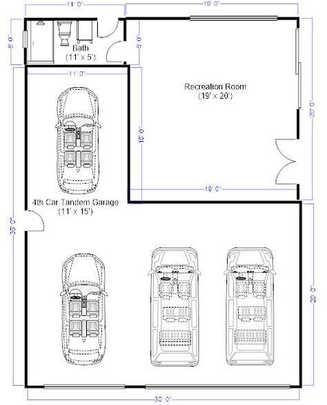 3 Car Garage Dimensions, Detached Gym Garage, Detached Garage With Bathroom, Three Stall Garage, 3 Car Tandem Garage Ideas, Garage With Shop Plans, 3 Car Garage With Workshop, Garage 4 Car, 4 Car Detached Garage Ideas