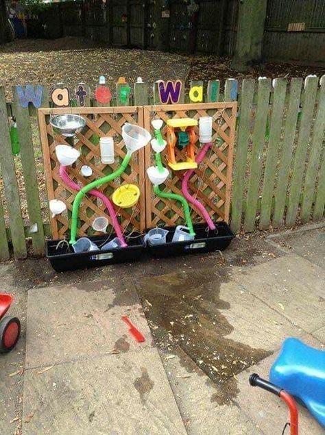 Preschool Water Play, Water Wall Diy, Eyfs Outdoor Area, Water Play Preschool, Toddler Garden, Water Play For Kids, Outdoor Kids Play Area, Preschool Playground, Kids Yard