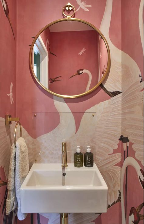 Wallpapers For Bathrooms, Cloakroom Wallpaper, Victorian Kitchen Extension, Pink Bathroom Ideas, Pink Ceramic Tile, Pink Tile Bathroom, Pink Tub, Pink Baths, Downstairs Toilet