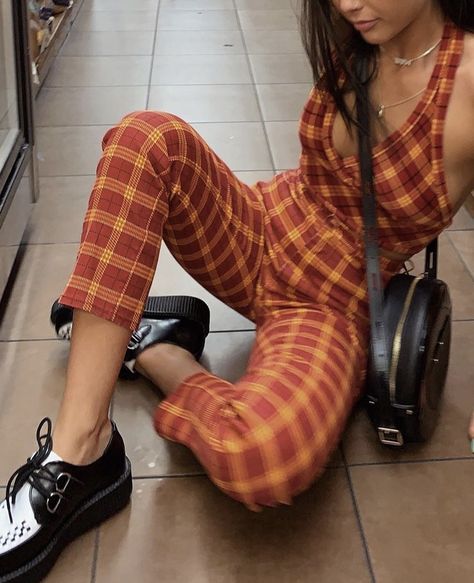 TUK viva creepers and plaid jumpsuit Tuk Creepers Outfit, Creepers Shoes Outfit, Creepers Outfit, Plaid Jumpsuit, Emma Chamberlain, Shoes Outfit, Jumpsuit Outfit, Basic Outfits, 2000s Fashion