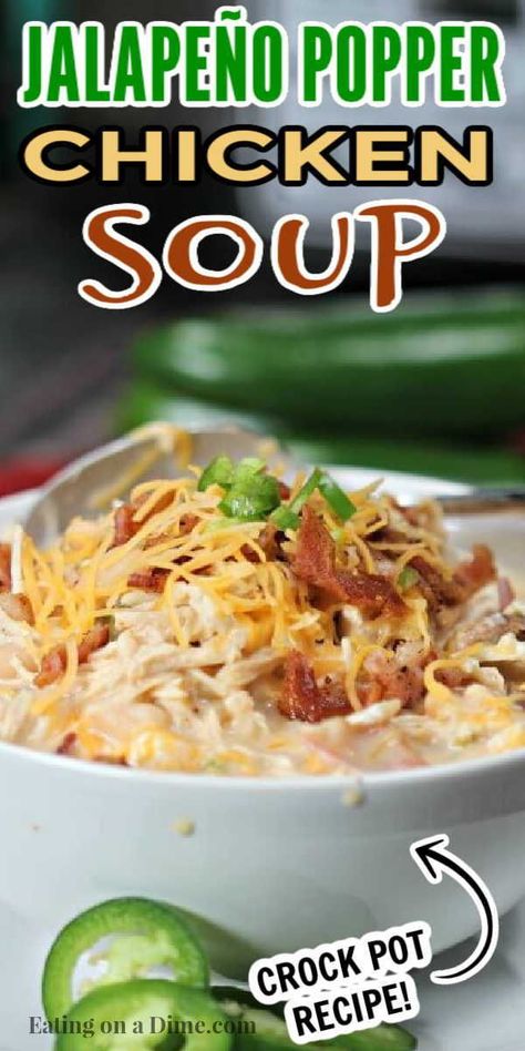 Try this easy crock pot jalapeño popper soup. This delicious crock pot jalapeño popper chicken soup recipeis easy to make and delicious too! Everyone loves this slow cooker jalapeño popper chicken soup with bacon and cream cheese! #eatingonadime #crockpotrecipes #souprecipes #slowcookerrecipes Jalapeño Popper Soup, Easy Chicken Chili Recipe, Popper Soup, Chicken Chili Recipe Easy, Jalapeño Soup, Easy Chicken Chili, Chicken Soup Crockpot, Soup Recipe Easy, Chicken Soup Recipes Easy