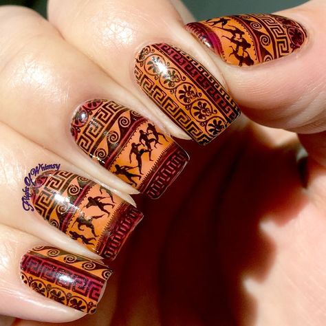 Apollo Inspired Nails, Greek Mythology Inspired Nails, Pjo Inspired Nails, Percy Jackson Nails Ideas, Hercules Nail Art, Mythology Nail Art, Greek Mythology Nails, Greece Nails, Ancient Greek Pottery