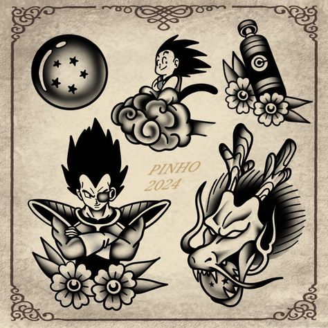 Dragon Ball American Traditional Tattoo, American Traditional Anime Tattoo, American Traditional Anime, Dragon Flash Tattoo, Goku Tattoo, Dbz Tattoo, American Traditional Tattoo Ideas, Traditional Tattoo Ideas, Majin Boo