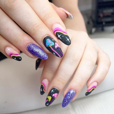 mushroom nails, 70s nail art designs, mushroom nail designs, mushroom nail art ideas, trippy mushroom nails, psychedelic mushroom nails, hippie nails, swirl nails, summer nail designs 2022, summer nails 2022, drippy nails, hippie nails 2022, psychedelic mushroom and swirl nail designs, trippy nails, hippie mushroom nails, psychedelic nail art Mushroom Nail Designs, Nail Ideas For Couples, Black And Pink Nails, Mushroom Nail Art, Nail Design Gold, Mushroom Nails, Black Mushroom, Purple Nail Art, Wedding Readings