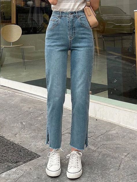 DAZY Calça jeans reta cintura alta dividir bainha crua | SHEIN Brasil Raw Hem Straight Leg Jeans, Ankle Length Jeans, Clean Body, Women Denim Jeans, Casual Denim, Ankle Jeans, Jeans For Sale, Outfits Casuales, High Jeans