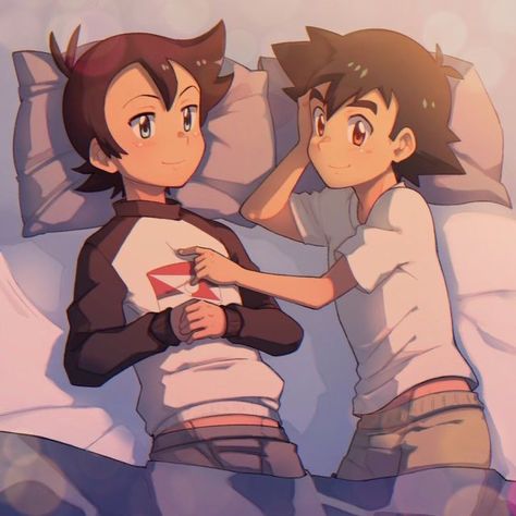 Ash and Goh are in bed together Goh Pokemon, Satoshi Pokemon, Ash And Misty, Pokemon Alola, Pokemon Manga, Anime Paper, Ash Pokemon, Pokemon Oc, Pokemon Ships