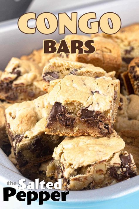 Some may call these blondies or chocolate chip cookie bars, but in our family they've always been called congo bars and they are a favorite for sure! Easy to make, delicious to eat! Congo Bars Recipe, Congo Bar, Congo Bars, Chocolate Chip Cookie Bars, Bar Recipe, Fudgy Brownies, White Chocolate Chips, Easy Delicious, Dessert Bars