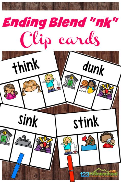 The nk sound at the end of words can be challenging for some readers. But these nk ending blends clip cards are a fun blends activity to practice reading nk words. Use this final consonant blends games with kindergarten and first grade students to improve reading and spelling with Ending Blends nk. Simply download pdf file with nk printable and you are ready to play, learn, and improve phonics skills! Ortho Gillingham, Final Blends Activities, Ending Consonant Blends, Consonant Blends Games, Welded Sounds, End Blends, Books For 1st Graders, Final Consonant Blends, Consonant Blends Activities