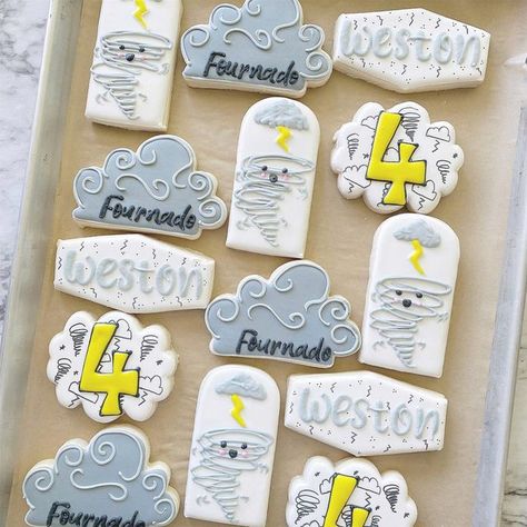 Fournado Cookies, Twonado Birthday Cookies, Weather Birthday Cake, Tornado Cookies Decorated, Twonado Cookies, Twister Birthday Party Ideas, 4 Nado Birthday Party, Storm Theme Party, Fournado Birthday Party Girl