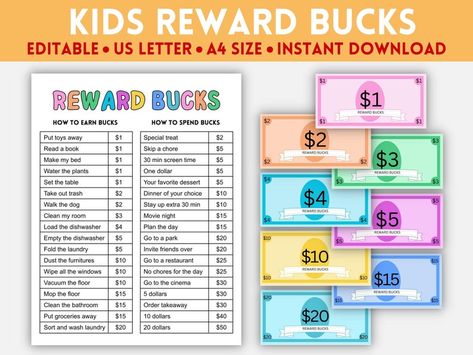 Kids Reward Bucks, Kids Reward Coupons, Editable Reward Bucks, Mom Bucks, Kids Reward Coupon, Reward System for Kids, Play Money, Editable - Etsy Mom Bucks, Reward Bucks, Reward System For Kids, Behavior Rewards, Monopoly Money, Weekly Chores, Responsibility Chart, Reward Chart Kids, Kids Rewards