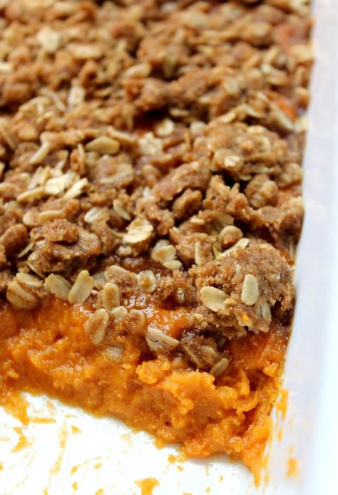 The best Sweet Potato Casserole recipe! Made with rich mashed roasted sweet potatoes and a delicious crunchy brown sugar oat streusel. Perfect for Thanksgiving and easy to double! Make ahead tips included! Sweet potatoes are one of our favorite side dishes for Thanksgiving. We of course also love it throughout the year. It’s the perfect... Read More » Desserts Bars, Sweet Potato Casserole Healthy, Best Sweet Potato Casserole, Pumpkin Crisp, Bars Cookies, Sweet Potato Casserole Easy, Oatmeal Toppings, Thanksgiving Food Sides, Sweet Potato Recipes Casserole