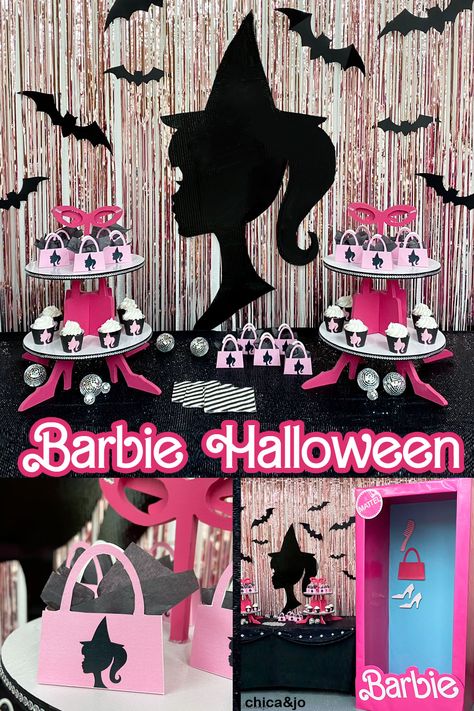 Barbie Halloween Birthday Party, Fall Barbie Party, Barbie Halloween Cake, Barbie Halloween Trunk Or Treat, Spooky Barbie Party, Goth Barbie Party, Barbie Halloween Party Ideas, Barbie Halloween Party Decorations, Halloween Barbie Party