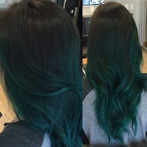 Joico peacock green balayage Turquoise Balayage Hair, Hair Color Green Dark, Dark Green Balayage, Turquoise Balayage, Green Balayage Hair, Green Balayage, Winter Hair Dye Ideas, Green Hair Ombre, Dark Teal Hair