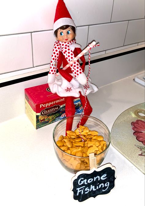 Elf On The Shelf Ideas Goldfish, Elf On The Shelf With Pez Dispenser, Elf On The Shelf Ideas Fishing, Elf On The Shelf Goldfish, Elf Fishing For Goldfish, Fishing Elf On The Shelf, Elf On The Shelf Fishing, Elf Ideas Easy Funny, Elf Fishing