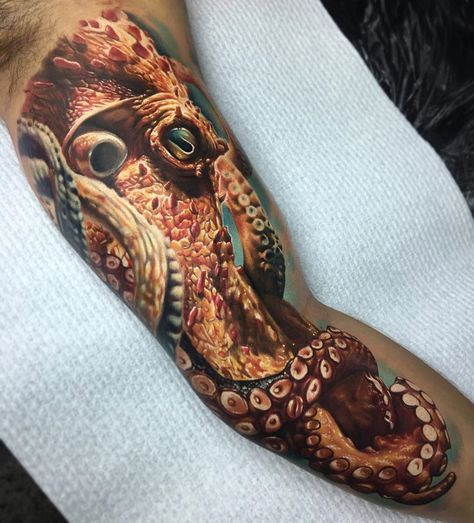 Octopus Realism, Mens Inner Bicep Arlo Tattoo, Tattoo Bicep, Octopus Tattoo Sleeve, Kraken Tattoo, Squid Tattoo, Inner Bicep Tattoo, Octopus Tattoo Design, Octopus Tattoos, Sea Tattoo