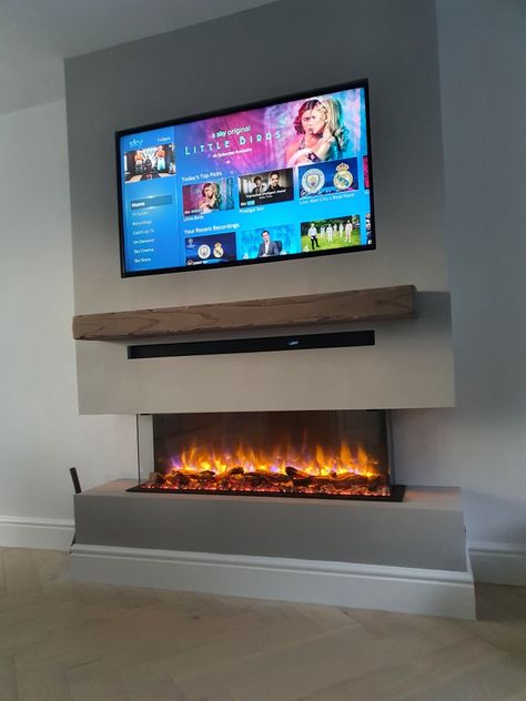 Tv Soundbar Wall, Soundbar Mantle, Fireplace Tv Wall Sound Bar, Living Room Surround Sound Ideas, Sound Bar On Mantle, Tv Sound Bar Ideas, Soundbar Mounting Ideas, Soundbar Ideas, Fireplace Tiling