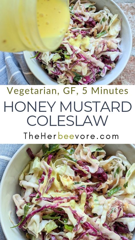 Honey Mustard Coleslaw (Gluten Free, Vegetarian) Mustard Coleslaw Recipe, Honey Mustard Coleslaw, Mustard Coleslaw, Drink Inspiration, Food Blogging, Potluck Dishes, Pot Luck, Slaw Recipes, La Food