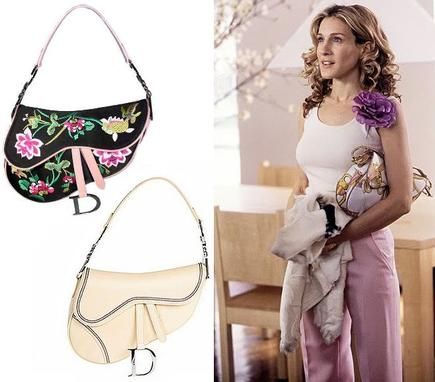 The "Dior" bag Carrie Bradshaw Dior Saddle Bag, Pale Pink Pants, Pastel Jeans, Bag Shapes, Candace Bushnell, Big Closet, Dior Saddle, Bag Obsession, Floral Brooch