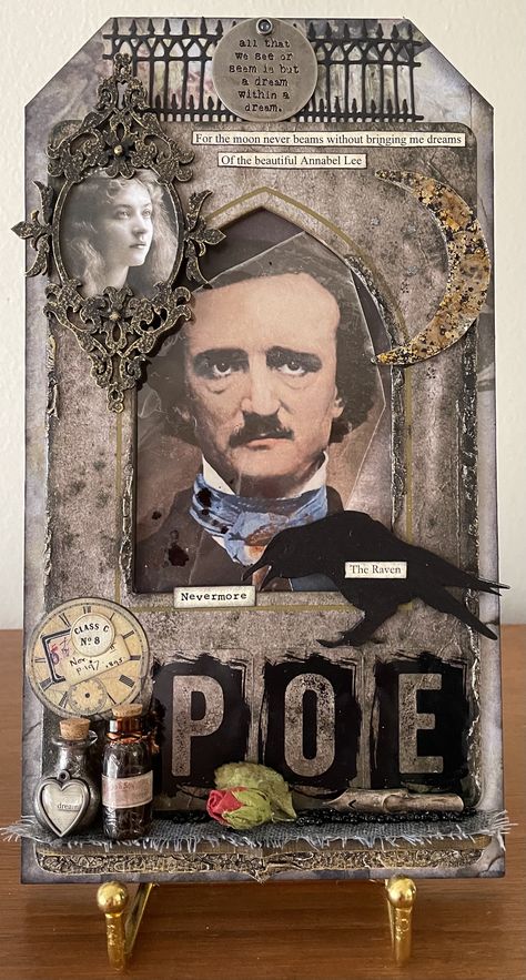 A tribute to Edgar Allen Poe. 10 x 5 1/2 inch Etcetera tag by Martha Henrich Edgar Allen Poe Art, Edgar Allen Poe Poems, Easy Collage, Paula Cheney, Halloween Mini Albums, Edgar Allen, Simple Collage, Fun Halloween Crafts, Allen Poe