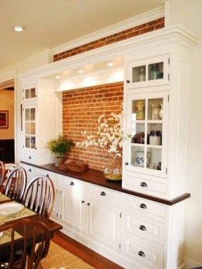 I like the built in dining room hutch and cabinets with exposed stone. Built In Dining Room Hutch, Dining Room Built In Cabinets, Dining Room Built Ins, Dining Room Built In, Built In Buffet, Dining Room Cabinet, Kabinet Dapur, Dining Room Buffet, Wall Cabinets