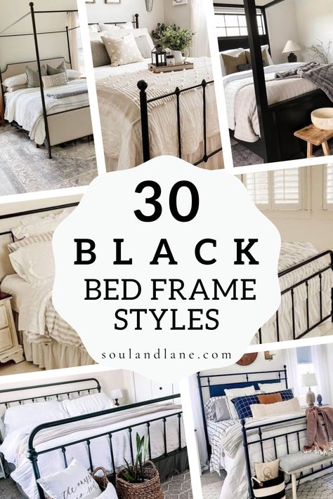 Embrace the boldness of a black bed frame to add a touch of sophistication and style to your sleeping quarters. Perfect for those who appreciate the sleek, modern aesthetics or the timeless charm of classic decor, a black bed frame serves as a stunning focal point in any bedroom setting. Discover how to enhance the visual appeal of your black bed frame with complementary colors, textures, and lighting, creating a chic and inviting space that promotes stylish slumber. Black Bed Frames Bedroom, Bedroom Iron Bed Frame, Black Metal King Bed Frame, Guest Bedroom With Black Metal Bed, Black Bed Ideas Bedrooms, Shelf Over The Bed, Cottage Bedding Aesthetic, Black Bed Bedding Ideas, Bedrooms With Black Beds