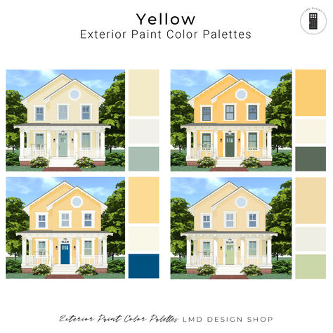 Yellow House Exterior Paint Colors Yellow Exterior Paint, Yellow House Exterior, Exterior Paint Color Schemes, Yellow Exterior, Exterior Color Palette, House Paint Color Combination, House Exterior Paint, Exterior House Color, House Color Palettes