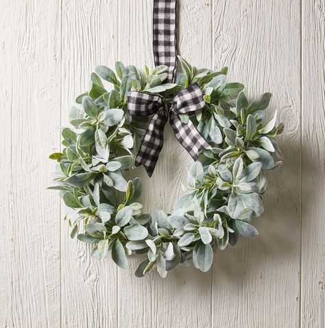 wreath-green-leaves-plaid-ribbon-ebabad4a Diy Magnolia Wreath, Homemade Christmas Wreaths, Farmhouse Fall Wreath, Farmhouse Style Wreath, Lamb's Ear, Lambs Ear Wreath, Diy Fall Wreath, Snowman Wreath, Christmas Wreaths To Make