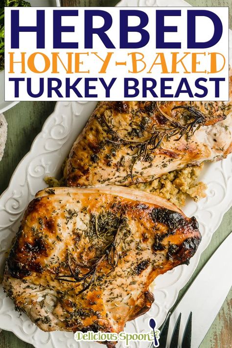 Seasoned with fresh herbs, honey, and butter, this Herbed Honey Baked Turkey Breast is juicy, flavourful, and easy to make. It’s perfect for both casual weeknight dinners and the holidays. Do you ever crave turkey but don’t want to (or need to) cook a whole turkey? Cooking a turkey breast in the oven is a quick, easy way to get a mouthwatering, juicy turkey without making a whole turkey. | @thedeliciousspoon #bestbakedturkeybreast #thanksgivingfortwo #easythanksgivingrecipes Young Turkey Breast Recipe Oven, Copycat Honey Baked Turkey Breast, Honey Roasted Turkey Breast, Cooking Turkey Breast Day Before Thanksgiving, Honey Baked Turkey Breast, Honey Baked Turkey, Honey Glazed Turkey, Baked Turkey Breast, Glazed Turkey Breast