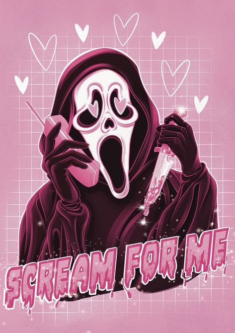 Cartoon Horror Characters Wallpaper, Horror Icons Wallpaper, Call Me Ghostface, Spooky Girly Wallpaper, Ghost Face Pink Wallpaper, Pink Ghost Face Wallpaper, Black And Pink Halloween Wallpaper, Ghost Face Quotes, Scream On The Phone