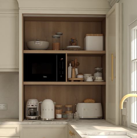 Muli | We always aim to fit a larder unit into a kitchen, it’s the best way to store small appliances and food items when a walk in pantry isn’t… | Instagram Pantry Idea For Small Kitchen, Small Appliance Cabinet Kitchen, Appliance Cupboard Kitchen, Toaster Station, Small Appliance Cabinet, Cabinet With Pocket Doors, Walk In Kitchen Pantry, Pocket Door Pantry, Breakfast Pantry