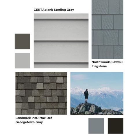 Take inspiration from this gray-toned mood board for the exterior of your home, featuring CertainTeed's CERTAplank Siding in Sterling Gray, Northwoods Sawmill Siding in Flagstone, Landmark PRO Roofing in Max Def Georgetown Gray. Sterling Gray Vinyl Siding, Certainteed Shingles, Certainteed Siding, Grey Vinyl Siding, Grey Siding, Sterling Grey, Roof Siding, Grey Exterior, Grey Houses