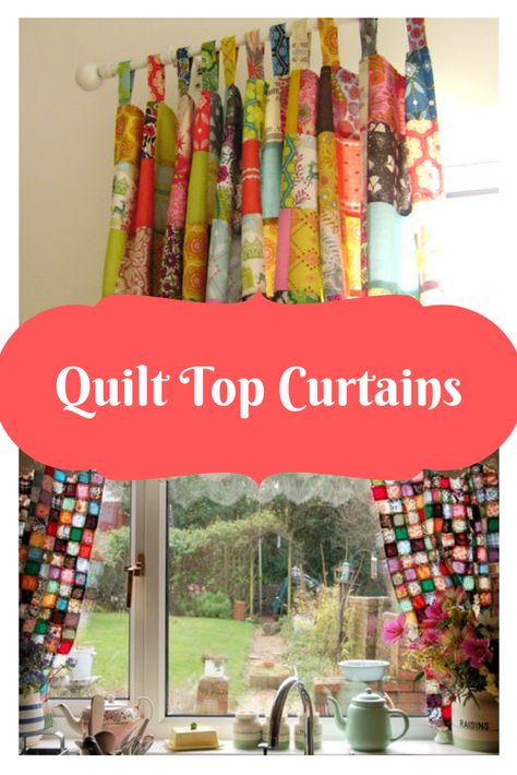 Quilt Top Curtains – Sewing With Scraps Quilt Block Curtains, Quilt Curtains Diy, Sewing Patterns For Curtains, Hand Sewn Curtains, Quilt Curtains Ideas, Quilted Window Coverings, Scrap Fabric Decor, Sewing Room Curtains Ideas, Patchwork Curtains Fabric Scraps