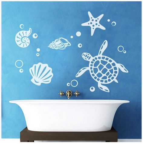 Vinyl decals against painted wall White Wall Stickers, Shells Decor, Sea Turtle Decal, Blue Bathroom Walls, Starfish Art, Family Wall Decals, Vinyl Decoration, Bedroom Murals, Stencils Printables