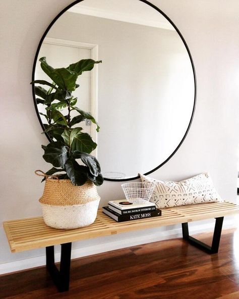 Large round mirror above a bench | Best Entryway Mirror Decor Ideas Mirror Decor Ideas, Large Round Mirror, Apartment Entryway, Entryway Mirror, Hal Decor, Foyer Decorating, Entryway Ideas, Round Mirror, Home Decor Living Room