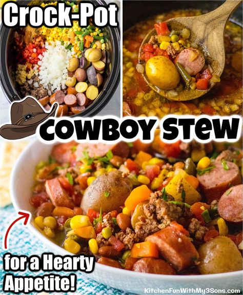 Sometimes we all need a dinner that isn't too much work and can feed a crowd of hungry bellies. I love making this Cowboy Stew for my family because it's loaded with ground beef, smoked sausage, potatoes, beans, and veggies that will keep them full and satisfied. #recipes #dinner Beef Smoked Sausage, Smoked Sausage Potatoes, Cowboy Stew, Brats Recipes, Hamburger Stew, Easy Crockpot Dinners, Fantastic Recipes, Hamburger Soup, Sausage Potatoes