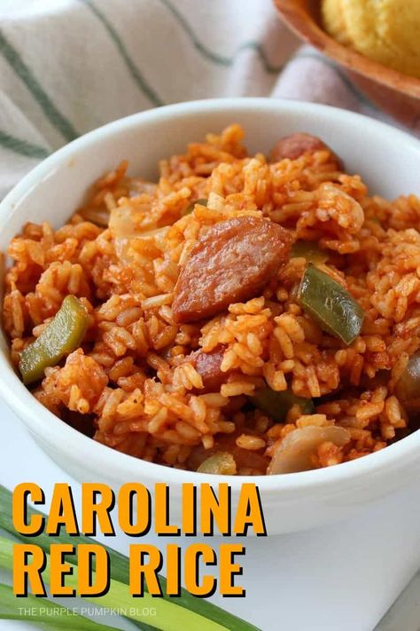 This Carolina Red Rice recipe is a savory one-pot meal complete with rice, smoked sausage, garlic, onion, bell pepper, and cayenne will become a family favorite! Easy to make and ready in 30 minutes, this red rice recipe is soul food at its best! #CarolinaRedRice #CharlestonRedRice #OnePotRecipes #ThePurplePumpkinBlog #SouthernRecipes #Recipes Red Rice And Sausage Recipe, Red Rice And Sausage, Southern Red Rice, Red Rice Recipe Southern, Smoked Sausage And Rice, Sausage And Rice Skillet, Red Rice Recipe, Sausage And Rice, Healthy One Pot Meals