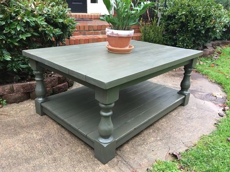 Chunky Coffee Table, Coffee Table Redo, Cabin Coffee, Refurbishing Furniture, Green Coffee Tables, Sage Green Paint, Painted Coffee Tables, Walnut Furniture, Crafts And Diy