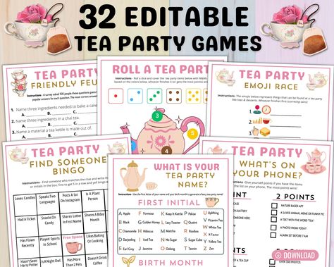 If you are planning a tea party themed birthday, baby or bridal shower or even just a church event or ladies day this printable bundle of editable tea party games is great for kids, adults, teens and seniors. All of the games are fun and can be used as is & were designed by a professional graphic design artist or you can edit them yourself in Canva which is easy & free. The games come with all needed answer keys and have several unique games which were designed from scratch. The sizes included a Spill The Tea Questions For Friends, Tea Party Adult Birthday, Tea Ministry, Tea Activities, Party Games Adults, Christian Games, Games Adults, Adult Tea Party, Tea Party Desserts