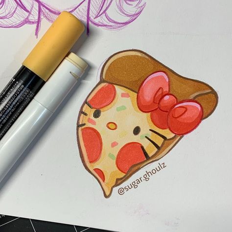 Sugar Ghoulz | Been thinking about this hello kitty pizza so naturally I doodled it … seriously I want to buy it now 😳 #hellokitty #sanrio… | Instagram Sanrio Food Drawing, Pizza Hello Kitty, Pizza Drawings, Cute Pizza Drawing, Hello Kitty Sketchbook Page, Pizza Sketch, Sanrio Doodles, Hello Kitty Pizza, Sanrio Burger