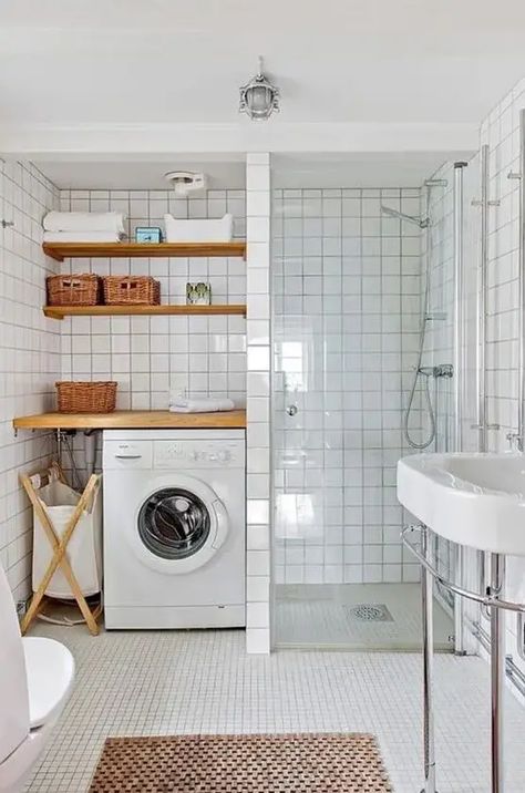 43 Smart And Cool Bathroom Laundry Ideas - Shelterness Bathroom And Laundry Room Combo, Laundry Bathroom Combo, Bathroom With Laundry, Monochromatic Bathroom, Small White Bathrooms, Laundry Nook, Minimal Bathroom, Modern White Bathroom, Laundry Room Bathroom