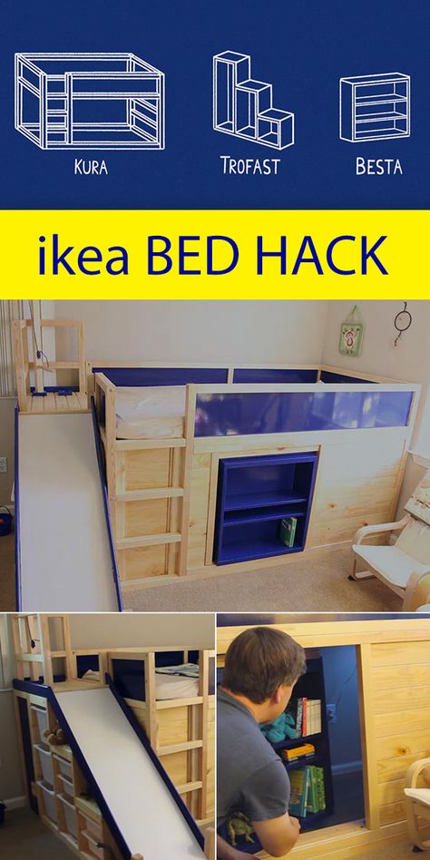 Crazy ingenious ikea Hack! Includes a secret room behind the bookshelf, and much more! Diy Slide For Bed, Loft Bed Toy Storage, Diy Bed Slide, Ikea Kura Bed Hack Boys, Ikea Hack Lit, Cama Ikea Kura, Ikea Kids Bed, Kura Bed Hack, Bed Fort