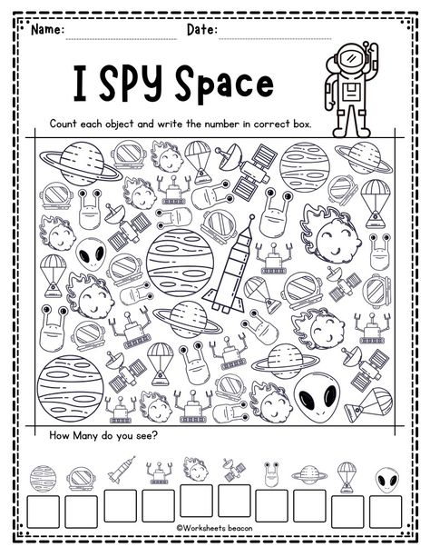 This is a great I Spy Space worksheet! Students will enjoy finding the space-themed pictures and counting them up to see if they “spied” them all. (Answer key included) I Spy Space Free Printable, Space Theme Activities For Elementary, Constellation Worksheet, Astronaut Worksheet, Preschool Solar System, Numbers 1 10 Printable, Space Worksheets, Solar System Coloring Pages, Kindergarten Stem