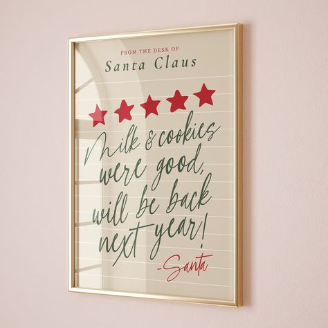 Bring humor and festive charm to your holiday decor with my amusing "Santa's Review Note" a unique and retro-inspired addition to your Christmas wall art collection. This printable wall art features a review note from Santa's desk that reads, "Cookies were good, will be back next year!" With its witty and playful design, this Santa Claus note poster adds a touch of retro flair to your holiday decorations. Perfect for those who appreciate funny Christmas decor, this piece is sure to bring smiles Funny Christmas Decor, Santa Notes, Wall Art Trendy, Poster Printable, Christmas Wall Art, Christmas Wall, Merry Little Christmas, Christmas Love, Holly Jolly