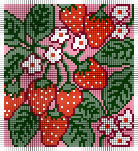 Alpha pattern #115694 variation #314727 | BraceletBook Strawberry Shortcake Alpha Pattern, Strawberry Tapestry Crochet, Cross Stitch Patterns Grid, 3 Color Pixel Art, Crochet Tapestry Aesthetic, Cute Tapestry Crochet Patterns, Beaded Tapestry Patterns, Leaf Alpha Pattern, Small Pixel Pattern